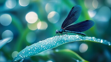 A dragonfly perches on a leaf, adorned with a glistening dewdrop in the sunlight. The scene is captured in vivid blue hues, showcasing the beauty and tranquility of nature. 