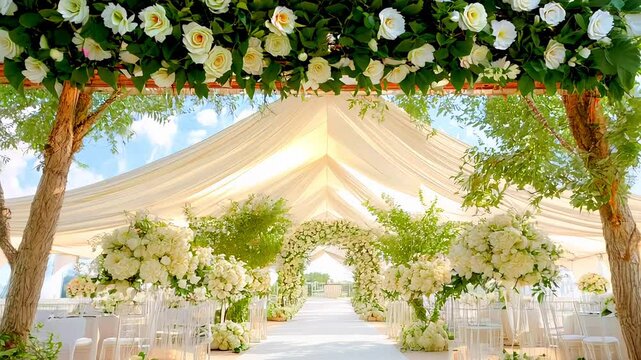 Luxurious Outdoor Wedding Tent in a Serene Forest Setting with Elegant White Floral Arrangements