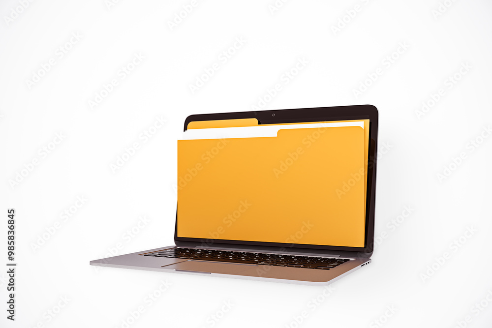 Aufkleber Laptop with large yellow file folder icon on screen on white background. 3D Rendering