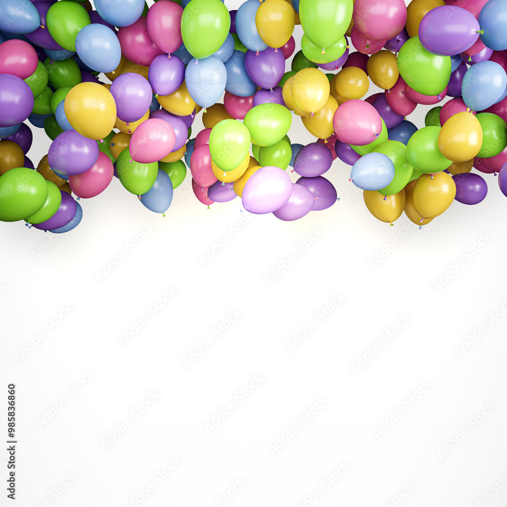 Poster colorful balloons floating on white background. 3d rendering