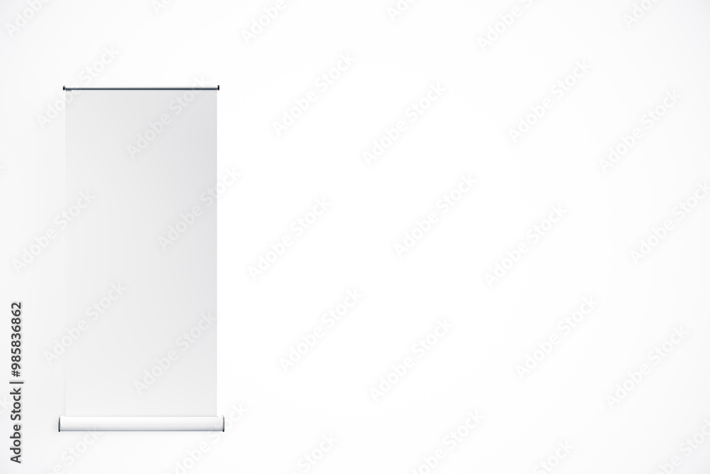 Poster blank roll-up banner stand on isolated white background. 3d rendering