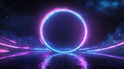 A glowing neon circle with streaks of light against a dark background.