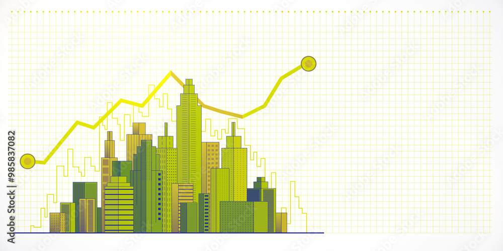 Poster Cityscape with Growth Chart on a Grid Background. 3D Rendering