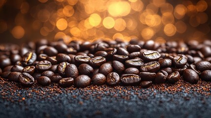 artistic overhead view of roasted coffee beans scattered across a rich brown surface soft focus background with warm bokeh effect creates depth and allure