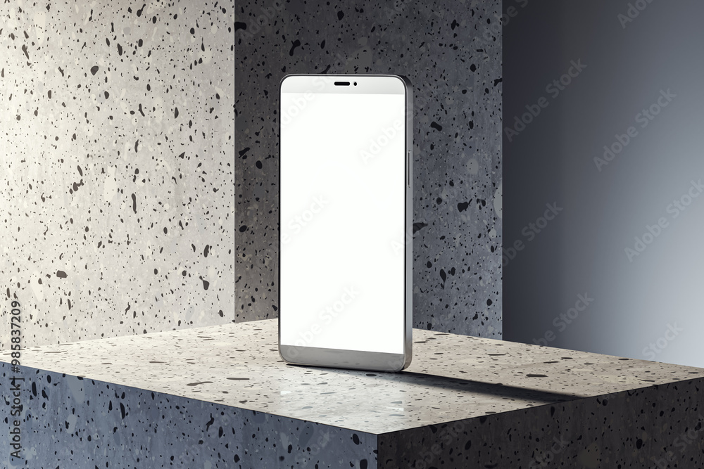 Poster blank smartphone screen on a stone pedestal with spotlight. 3d rendering