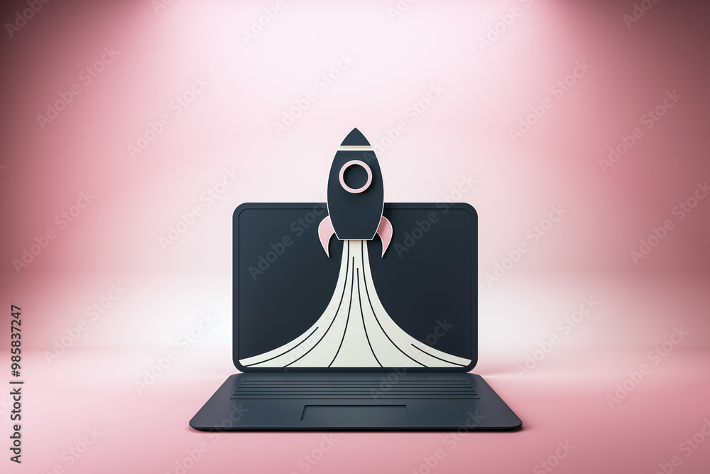 Poster rocket launching from laptop screen on pink background, symbolizing startup and technology. 3d rende