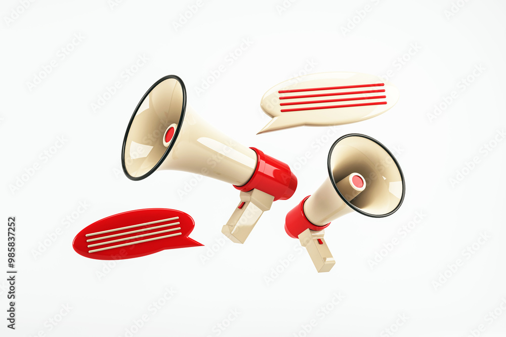 Poster megaphones and speech bubbles on white background. 3d rendering
