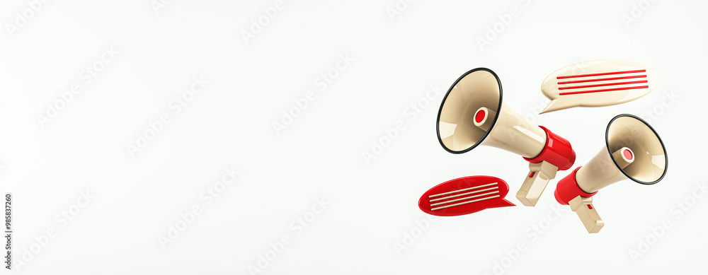 Poster Megaphones with Speech Bubbles on Light Background. 3D Rendering