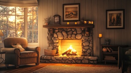 Cozy living room with a stone fireplace, warm fire glowing and a comfy armchair nearby.