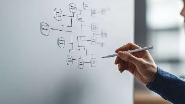 Hand drawing a flowchart on a whiteboard, brainstorming ideas and concepts for project planning.