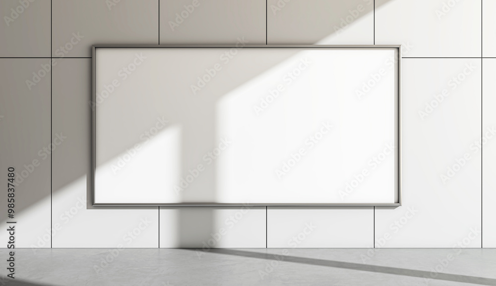 Poster Blank wall-mounted frame in a modern room with shadow patterns. 3D Rendering