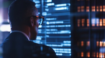 Fototapeta premium Dedicated Banker Intensely Reviewing Financial Documents, Amidst Blurred Legal References and Digital Regulations. Financial Compliance and Legal Awareness in Banking Sector