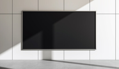 Fototapeta premium Blank black billboard on modern tiled wall with sunlight. 3D Rendering