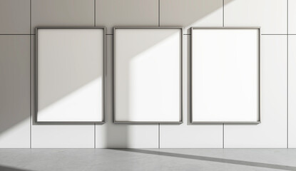 Three blank posters on a modern indoor wall with a concrete floor. 3D Rendering