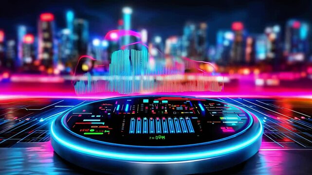Futuristic DJ Equipment with City Skyline Background . Nightlife, Music, and Technology