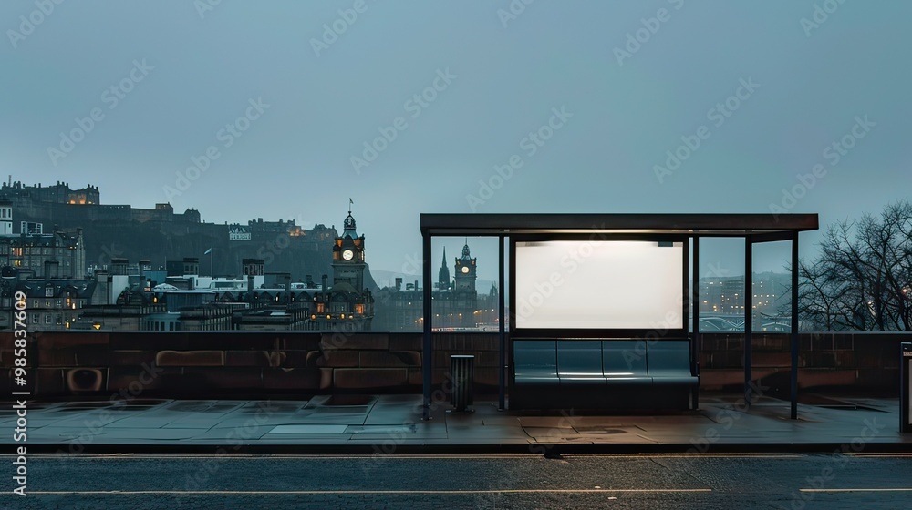 Poster an empty bus stop sign with a backdrop of edinburgh's skyline, hinting at travel.