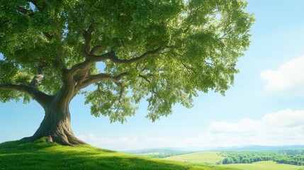Fototapeta premium A large, lush green tree stands on a hill under a bright blue sky, surrounded by rolling hills and a serene landscape.