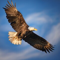 Obraz premium majestic bald eagle soaring through the bright blue sky, its impressive wingspan creating a powerful silhouette, perfect for wildlife photography