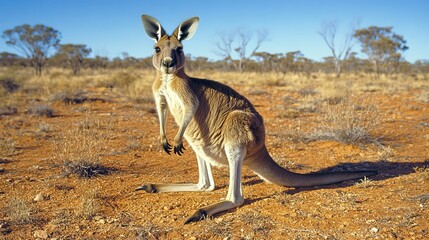 A kangaroo stands in the Australian outback, its muscular body blending with the rugged landscape. Its large feet and powerful legs enable it to traverse the arid terrain with ease