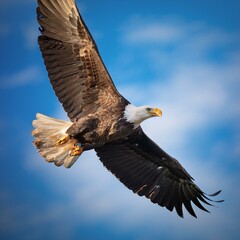 Obraz premium majestic bald eagle soaring through the bright blue sky, its impressive wingspan creating a powerful silhouette, perfect for wildlife photography