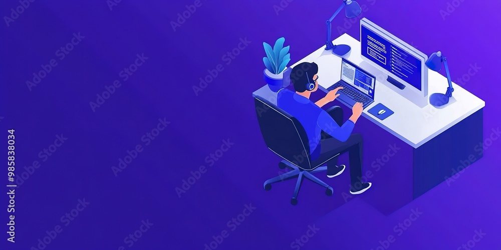 Poster isometric customer service landing page. call center receptionists or telemarketers sitting at a com