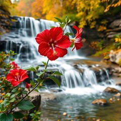 waterfall surrounded by flowers