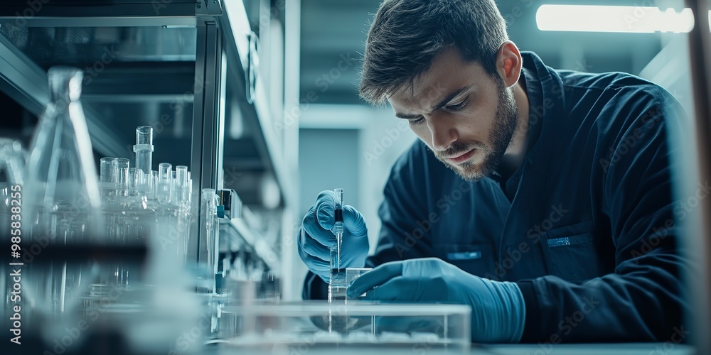 Poster industrial innovation an engineer testing a prototype in a lab, symbolizing the iterative process of