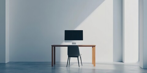 In a minimalist interior of a office room, a desktop computer takes center stage 