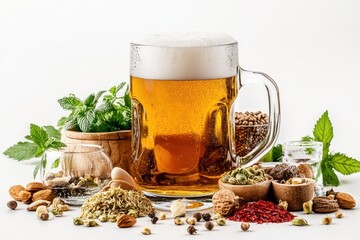Fototapeta premium Beer with exotic ingredients on solid white background, single object