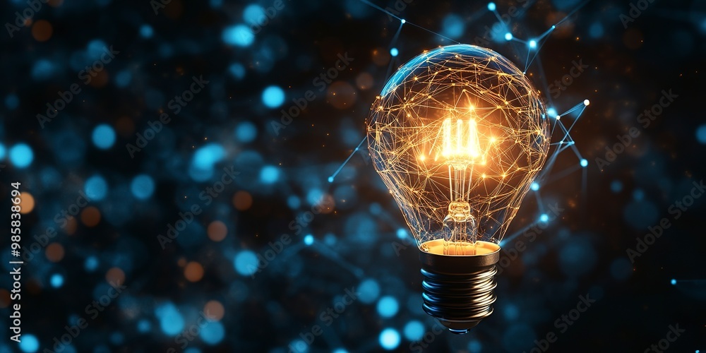 Poster illuminated light bulb with digital connection: idea and solution concept
