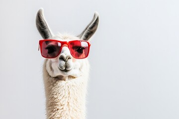 Obraz premium Funny, content llama with close-up head and facial picture on white backdrop. Generative Ai