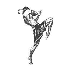 Fototapeta premium Muay Thai fighter in mid-air, executing a powerful high kick with their right leg. Retro photocopy effect