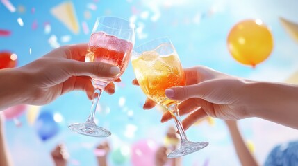 A festive toast with colorful drinks, surrounded by balloons and confetti, celebrating joy and togetherness under a bright sky.