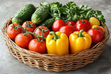 A basket filled with farm-fresh tomatoes, cucumbers, and bell peppers. Concept of eating fresh and local produce.