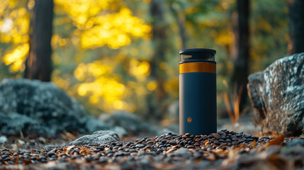 Obraz premium a photostock image of a compact portable coffee maker in augmented reality, showcasing brewing speed, coffee type options, and portability features in an outdoor adventure setting