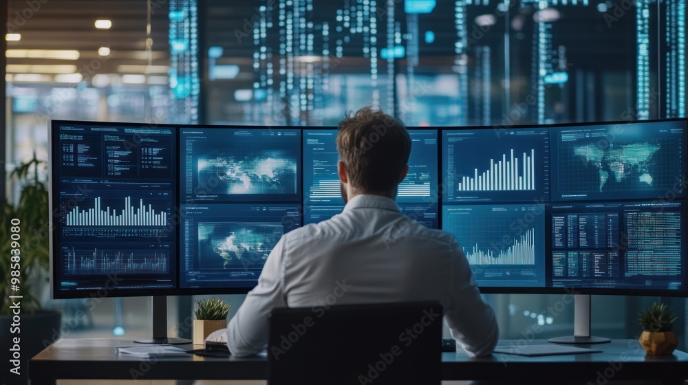 Poster business intelligence analyst working on multiple data dashboards on a large monitor in a modern off