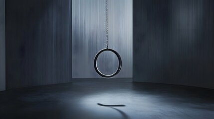 A Single Metal Ring Hanging from a Chain in a Dark Room with Textured Walls