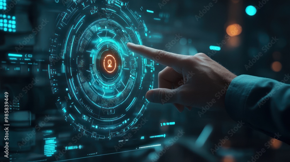 Poster businessman hand reaching towards a digital interface with a glowing solution button in a futuristic