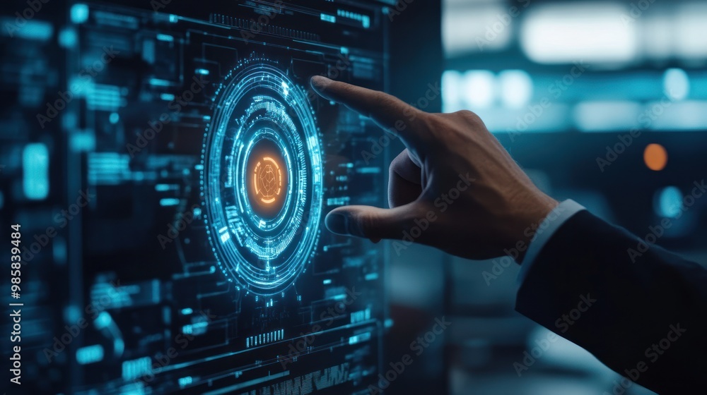 Poster businessman hand reaching towards a digital interface with a glowing solution button in a futuristic