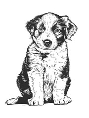 Fluffy puppy sits upright, looking directly at the viewer with innocent eyes