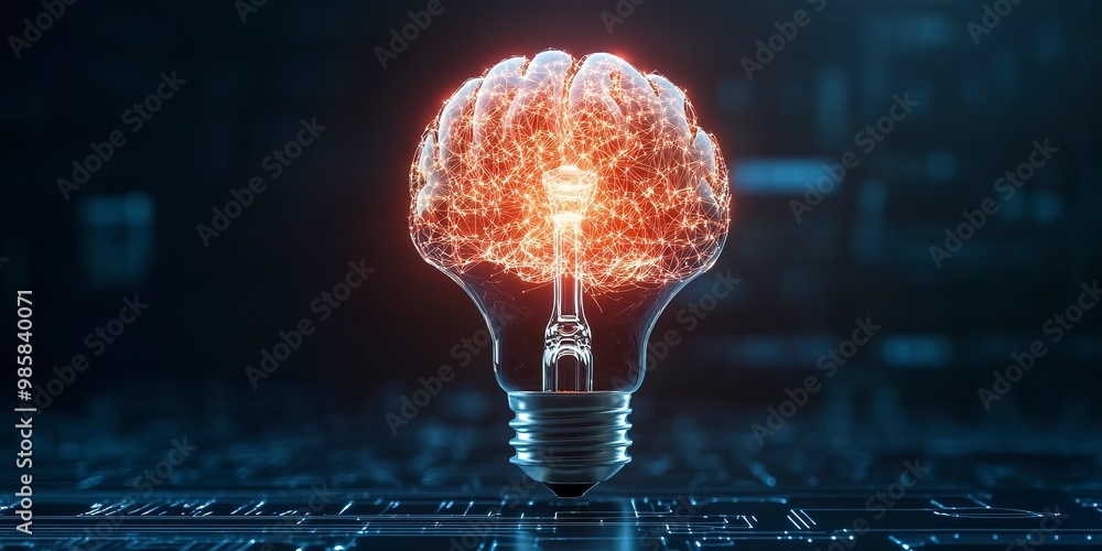 Poster glowing brain lightbulb symbolizing artificial intelligence and innovation concept