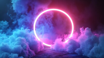 Fototapeta premium A glowing pink neon circle ring sits in front of blue and pink clouds.