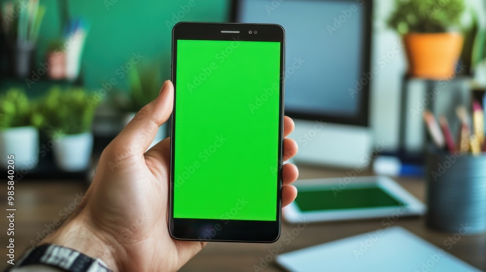 Poster close-up of a designerâ€™s hand holding a smartphone with a green screen mockup display, creative wo