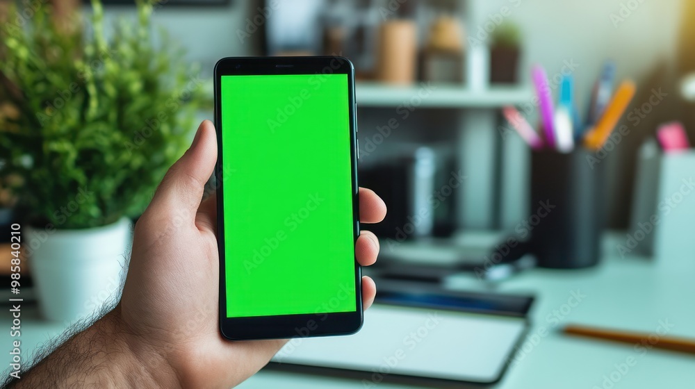 Poster close-up of a designerâ€™s hand holding a smartphone with a green screen mockup display, creative wo