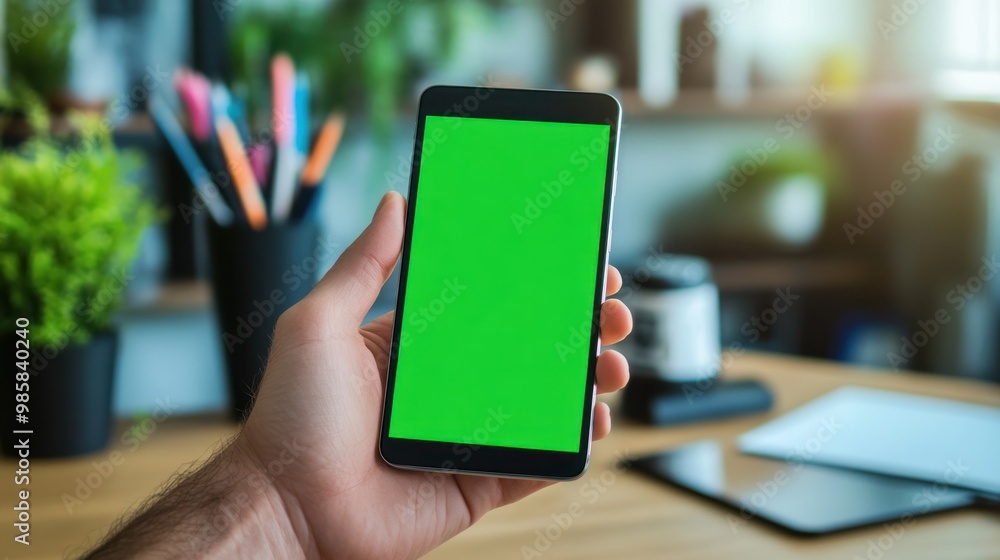 Poster close-up of a designerâ€™s hand holding a smartphone with a green screen mockup display, creative wo