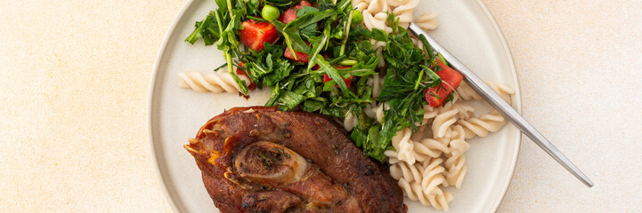 Delight in a hearty breakfast or lunch with tender turkey, gluten-free pasta, and a refreshing salad of seasonal vegetables and herbs, rounded off with sweet, ripe fruits for a complete meal, banner