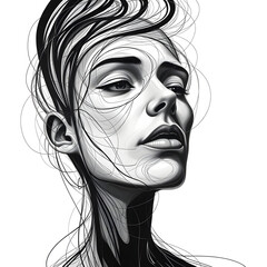 Stylized portrait of a woman with flowing hair in black and white artwork