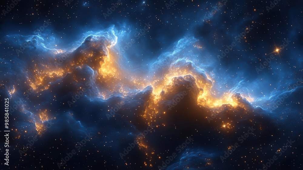 Wall mural celestial nebula with shimmering gold particles deep blue cosmic swirls intertwining with luminous s