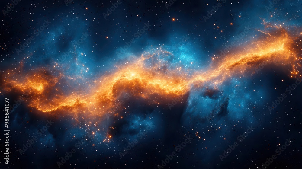 Wall mural celestial nebula with shimmering gold particles deep blue cosmic swirls intertwining with luminous s