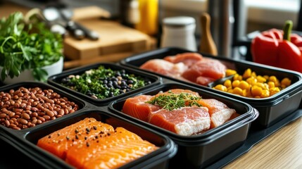 Obraz premium meal prep featuring lean meat, fish, plant-based proteins, and legumes in separate compartments on a kitchen counter 